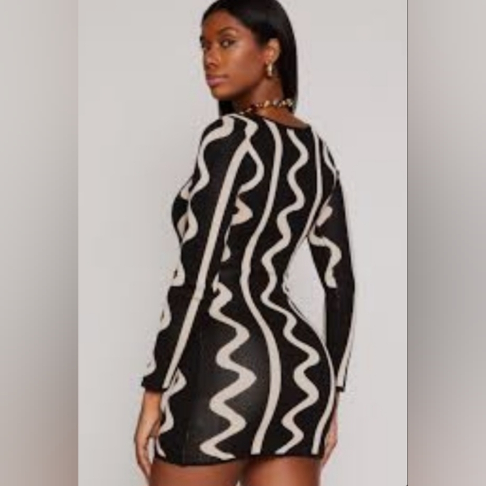 Creme and White Abstract Patterned Bodycon Knit Mini Dress Size S